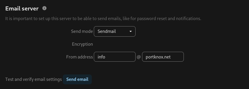 Screenshot: Mail-Einstellungen mit Sendeart sendmail in Nextcloud