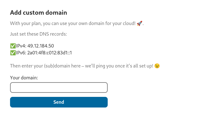 Shows the form to add a custom domain to your cloud.