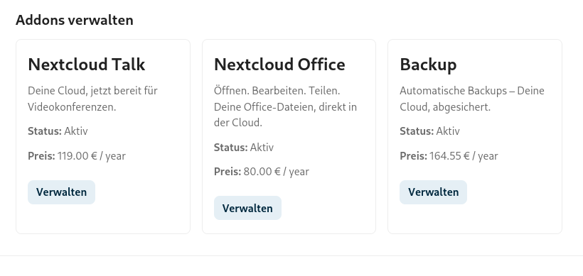 Portknox app showing Talk, Office, and Backup add-ons with status, annual price, and Manage button.